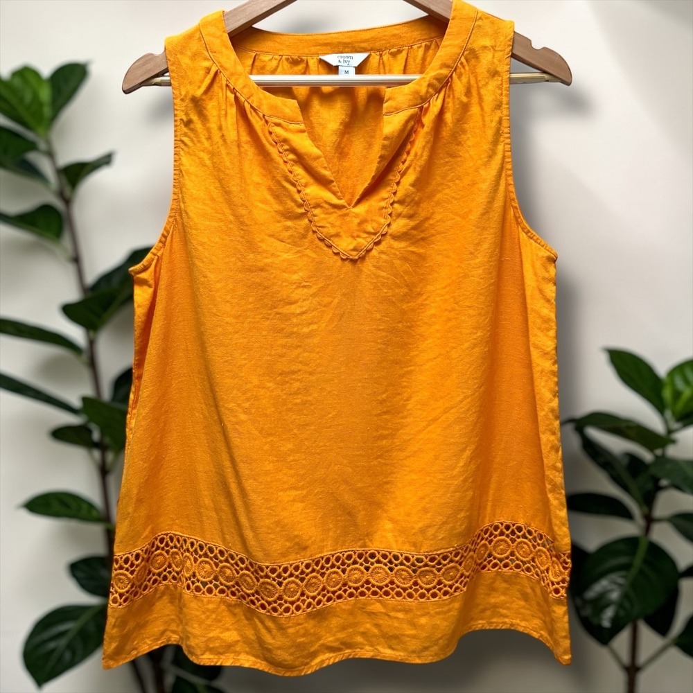 Crown & Ivy Womens Marigold‎ Orange 100% Linen Eyelet Lace Sleeveless Top M - Picture 2 of 8